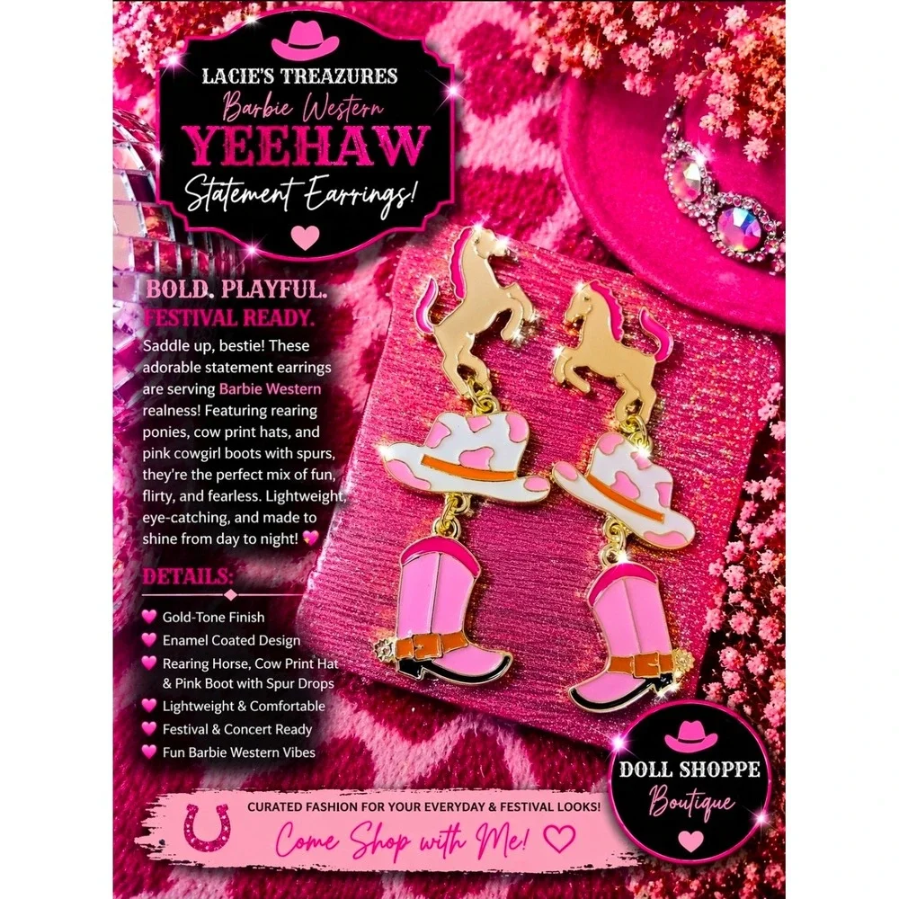 Barbie Western Pink Cowgirl Boot Earrings | Gold Tone Horse & Hat Earrings